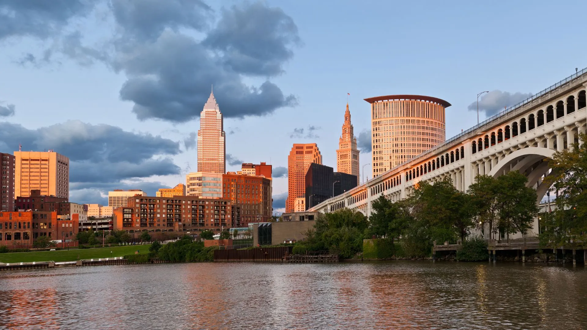 Great Lakes Road Trip Itinerary (5) Cleveland Ohio cityscape on water roadtrip