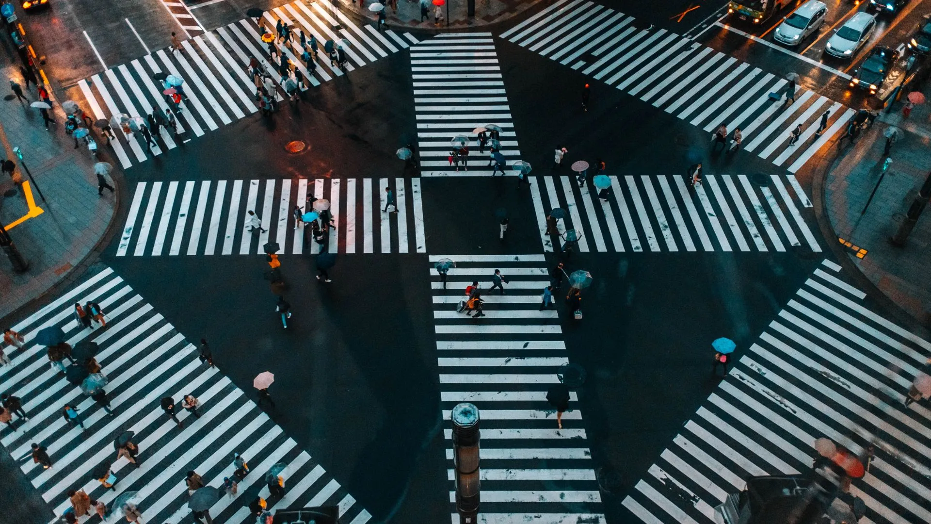 Tokyo Japan Transportation An aerial view of a four way cross walk in Tokyo Japan