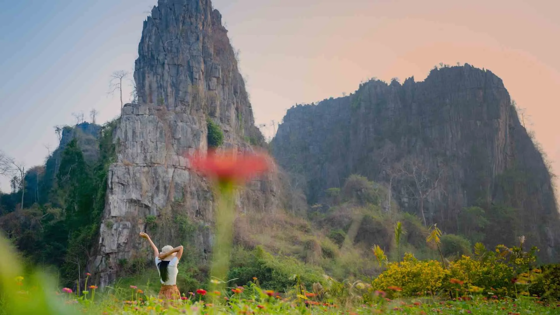 mindful travel (4) girl standing in field of flowers by towering moutains